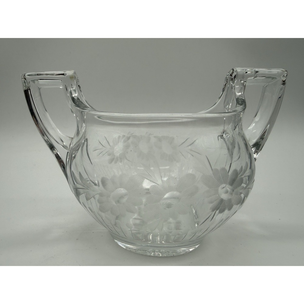 Vintage Heisey Crystal Glass Open Sugar Bowl Etched Floral Design‎ 1930's